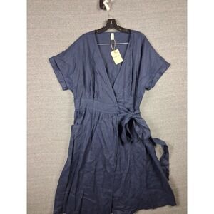 NEW Grae Cove Womens Dress XL Dark Blue 100% Linen Wrap Pockets Coastal Resort